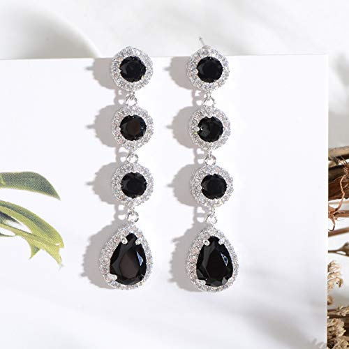 Women's Cubic Zirconia Bridal Earrings - Elegant Long Wedding Party Prom Earring for Bride Bridesmaids Crystal CZ Rhinestone Chandelier Statement Dangle Drop Earrings for girls - color: Black-silver