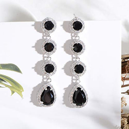 Women's Cubic Zirconia Bridal Earrings - Elegant Long Wedding Party Prom Earring for Bride Bridesmaids Crystal CZ Rhinestone Chandelier Statement Dangle Drop Earrings for girls - color: Black-silver