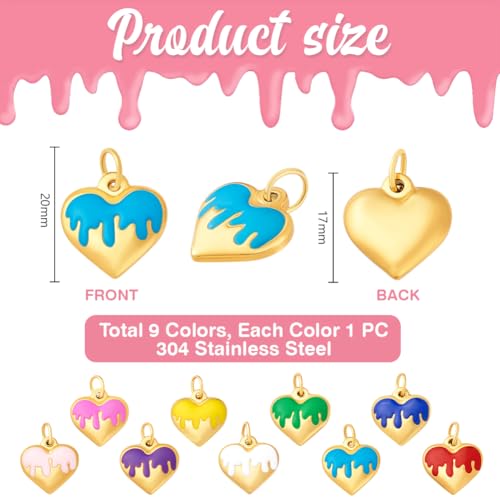 PH PandaHall 9pcs Heart Pendants, 9 Colors Golden Stainless Steel Charm 3D Love Heart Dangle Colorful Enamel Charms for Jewelry Findings Necklaces Bracelets Making