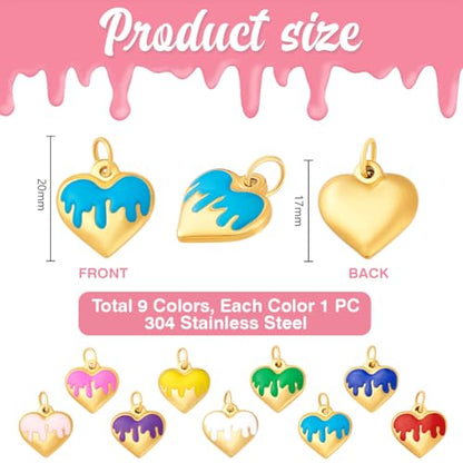 PH PandaHall 9pcs Heart Pendants, 9 Colors Golden Stainless Steel Charm 3D Love Heart Dangle Colorful Enamel Charms for Jewelry Findings Necklaces Bracelets Making