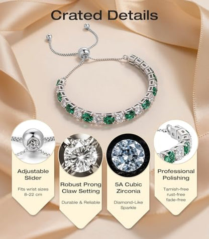 Lovans 14K Gold Plated Tennis Bracelets,White/Yellow/Rose Gold-plated Adjustable Cubic Zirconia Tennis Bracelet for Women - color: Silver, size: 4MM Green