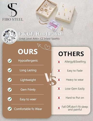 Cartilage Earrings for Women - 14K Gold Plated Flat Back Helix Conch Tragus Piercing Jewelry Single Stainless Steel Stud Earrings Hoops Stackable Set - color: Gold Tone