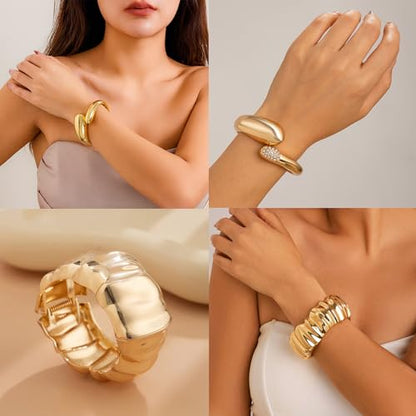 Big Chunky Gold Bracelets Set for Women 3Pcs Cuff Wide Bracelet Trendy High Shine Bracelets Minimalist Open Wide Cuff Bracelets Gold Bangle Bracelet Jewelry for Women - style: B-Gold
