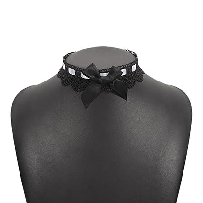 Asphire Sexy Lace Bow-knot Collar Choker Necklace Kawaii Lolita Heart Flower Choker Tie Cravat Jewelry Gift for Women Girls - color: Black