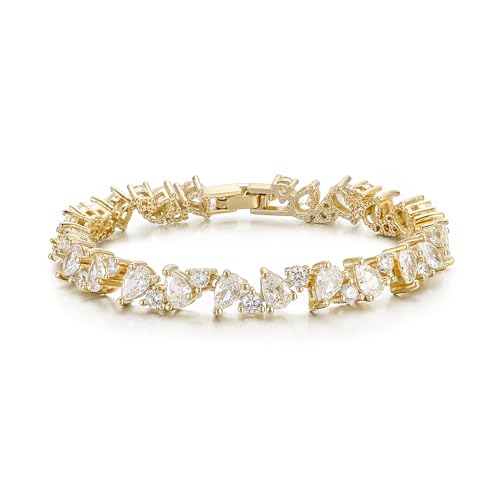 Crysdue Marquise Teardrop Cubic Zirconia Wedding Bridal & Prom Tennis Bracelets for Brides Bridesmaids, Silver/Gold/Rose Gold Plated Bracelet Gifts for Women - style: G_Teardrop, Gold
