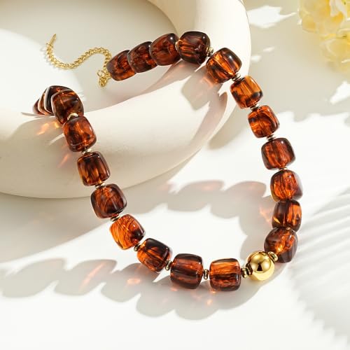 Ritach Chunky Beaded Necklaces for Women - Colorful Large Square Acrylic Beaded Necklace Boho Chunky Necklace Adjustable Statement Choker Necklace for Women Waterproof Summer Beach Jewelry Gifts - color: Amber