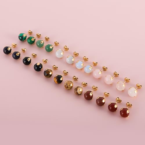 12 Pairs Multi Natural Gemstone Round Bead Ball Stud Earrings Stainless Steel Opal Tiger Eye Rose Quartz Onyx Stone Stud Earrings Set for Women - color: Gold 10mm