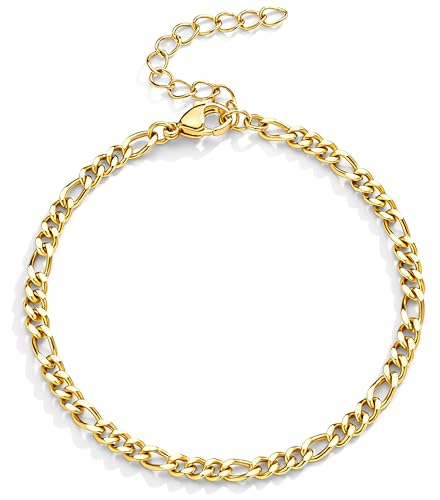 Extra Large Anklets for Women Waterproof, 14K Gold Plated Stack Anklets for Women Plus Size, 10"+2" Non Tarnish Large Ankle Bracelets for Women, Summer Big Ankles Set, Beach Bikini Vacation Jewelry - color: Plus Gold-Figaro, size: Lengh:10"+2"