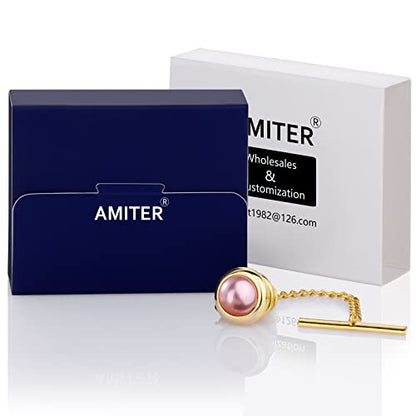 AMITER Crystal/Pearl Tie Tack with Chain, Gold Mens Tie Pin Necktie Pins Lapel Pin for Wedding Birthday Anniversary Party - color: 24k Gold+Pink Imitation Pearl