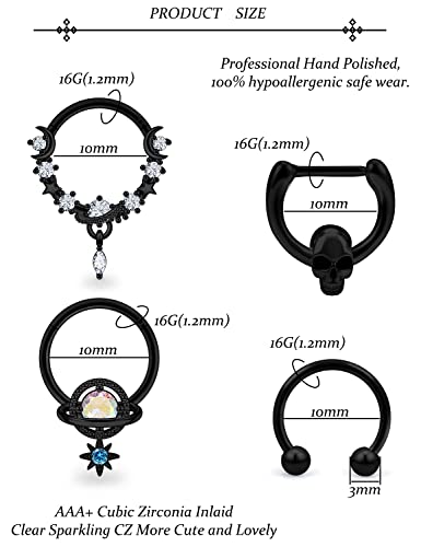 Vsnnsns 16G Septum Rings Piercing Jewelry 316L Stainless Surgical Steel Skull Flower Dangle Clicker Horseshoe Septum Nose Rings Hoop Piercing Jewelry for Women Men Silver Black Rose Gold 10mm - color: Black Tone
