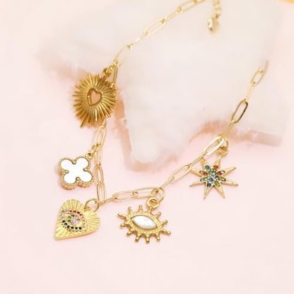 JNF Cute Shell Conch Boho Charm Necklace for Women Sun Moon Star Coin Heart Flower Boot Bow Charms Necklaces Summer Beach Jewelry - color: rhinestone heart star necklace