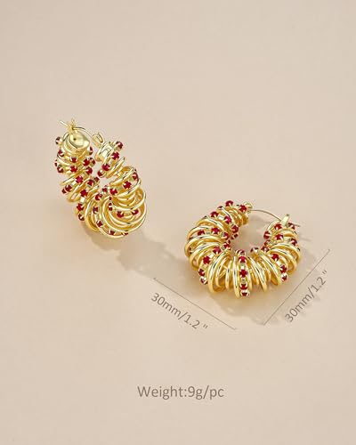 18K Gold Plated Chunky Curve Twisted Open Hoop Statement Stud Earrings with CZ for Women by SNGIA, Large Handmade Spiral Texture Braided Formal Trendy Hoop Jewelry Gifts, Big Circle Geometric Shell Beachy Vacation Fashion Hanging Earrings Accessories, Vin
