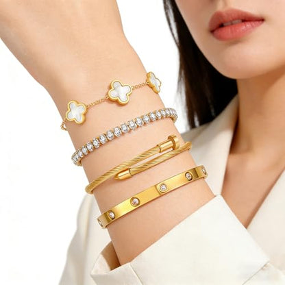 Gold Bracelets for Women, 18K Gold Plated Women Tennis Bracelets Clover Nail Love Bangle Bracelet Set, Gold Bracelet Stackable Set Trendy Jewelry, Gifts for Women's Day and Mother's Day - color: 09-Color- 4 White