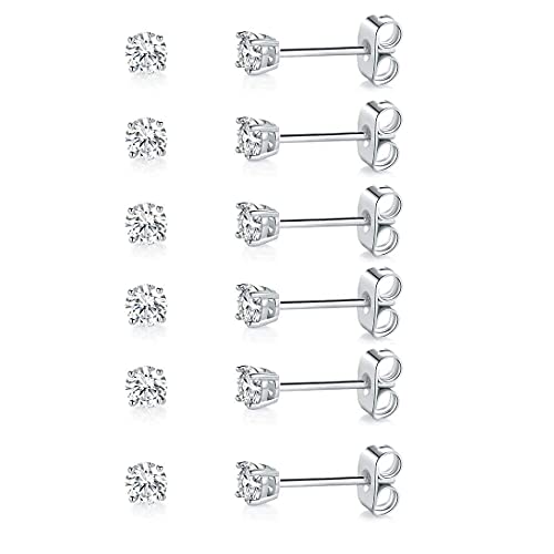 MDFUN Hypoallergenic CZ Stud Earrings Set for Women/Men,6 Pairs 18K Gold Plated Round 3-8mm Clear Cubic Zirconia Earring Pack Jewelry Gift - color: White gold-3mm-6 pairs