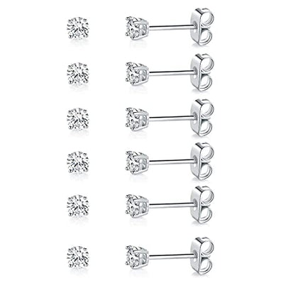 MDFUN Hypoallergenic CZ Stud Earrings Set for Women/Men,6 Pairs 18K Gold Plated Round 3-8mm Clear Cubic Zirconia Earring Pack Jewelry Gift - color: White gold-3mm-6 pairs