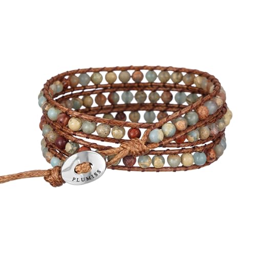 Plumiss Women Boho Handmade Natural Stone Crystal Leather Bead Wrap Bracelets Collection - style: 4mm Agalmatolite 3W