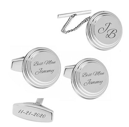 Personalized Silver Beveled Circle Cufflinks & Tie Pin Set Engraved Free - Custom Monogram Tie Tack - Gift For Him -Groomsman Gift, Free Engraving - Ships from USA