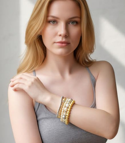 Noessla Beaded Pearl Stretch Bracelet Silver Stackable Crystal Beads Bracelets Trendy Costume Jewelry Mothers Day Gifts for Women - color: Yellow
