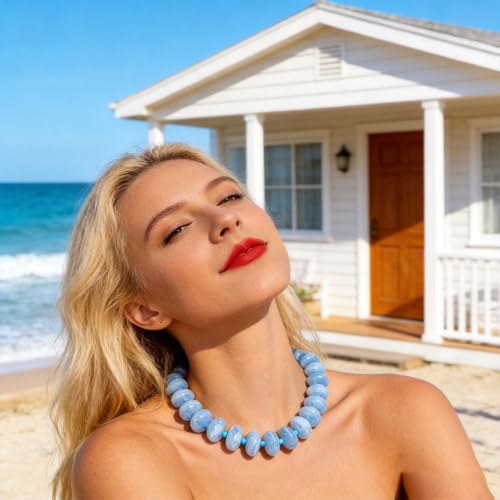 Beaded Necklace for Women Statement Chunky Necklace Boho Bead Choker Acrylic Big Bead Necklaces Summer Beach Jewelry for Women - color: Blue