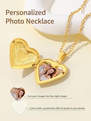 FindChic Locket Necklace for Women Custom Photo Memorial Gifts 4 Colors | Silver/Black/Rose Gold/Gold Plated Personalized for Loved Ones, Birthday Valentine's Day Keepsake - style: 13. Heart Pattern (DIY)-Gold