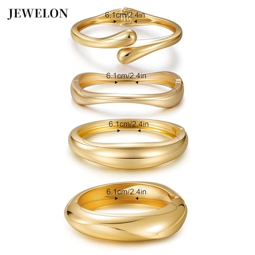 4 Pcs Chunky Gold Jewelry Set for Women, 14K Gold Plated Cuff Choker Collar Necklace, Teardrop Drop Earrings, Teardrop Wrap Ring, Hinged Cuff Bangle Bracelets, Statement Fashion Jewelry - color: 4 Pcs Gold Bracelet Set A