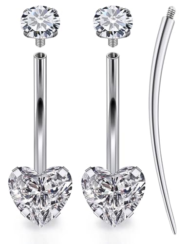 Oufksiyy Long and Extra Long Bar Belly Button Ring Internal Thread Hypoallergenic Surgical Stainless Steel 14mm 16mm 14 Gauge Navel Rings Cubic Zirconia Buuton Body Piercing Jewelry for Women Men - color: Double Heart Cubic Zirconia 14MM