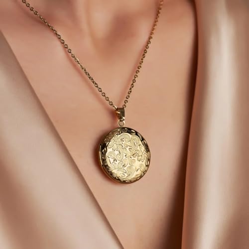 Locket Necklace for Women Girls, 18” Jewelry Chain, Picture Photo Inside, Cadenas para mujer, Personalized Custom Name Gold Locket, Customized Couples Locket, Silver, Rose Gold, Gold - color: Gold, style: Locket Only