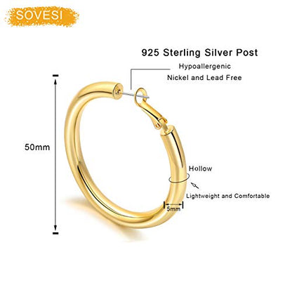 sovesi Chunky Hoop Earrings for Women, 14K Gold Plated Thick Hoops | 5mm Thick Hollow Tube Chunky Lightweight Hypoallergenic Hoop Earrings for Women - style: Gold and Silver 50MM