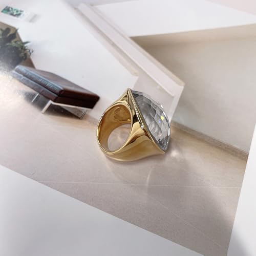 Chunky Square Crystal Glass Stainless Steel Statement Ring for Women Men Gold-Tone Plated Exaggerated Large Geometric Green Cubic Zirconia Finger Band Knuckle Rings Cocktail Prom Fashion Jewelry - color: Clear