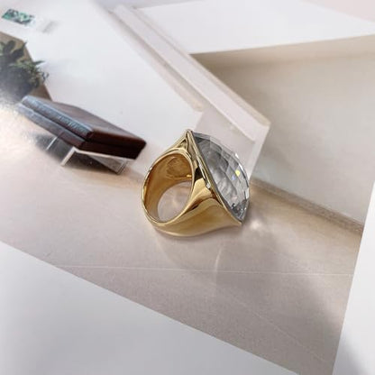 Chunky Square Crystal Glass Stainless Steel Statement Ring for Women Men Gold-Tone Plated Exaggerated Large Geometric Green Cubic Zirconia Finger Band Knuckle Rings Cocktail Prom Fashion Jewelry - color: Clear