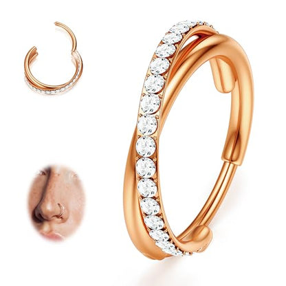 316L Stainless Steel 5A CZ Nose Rings Hoops Conch Helix Piercing Jewelry | Cartilage Earrings Tragus Rook Daith Piercing Jewelry, Septum Clicker Silver/Black/14K Gold Plated, 6-12mm, 16G/18G/20G - color: Rose gold, Duo Hoop, 20G, size: 20g(0.8mm)-8mm-TopP