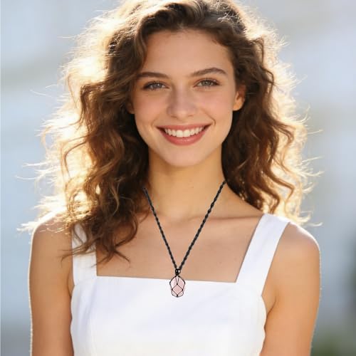 weryerker Natural Gemstone Pendant Necklace Healing Crystal Stone Pendant with Hand-Woven Rope Adjustable for Women Men - color: 1PC Rose Quartz