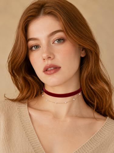 Red Velvet Choker for Women Layered Peal Pendant Choker Necklace Adjustable Gothic Tattoo Ribbon Chokers Classic Collar Necklaces for Women - color: Red