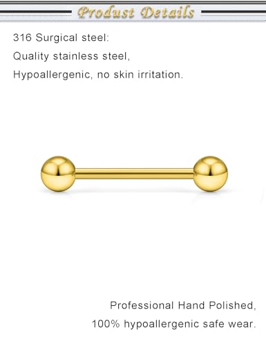 16G 14G Surgical Steel Tongue Rings Nipple Rings Industrial Piercing Jewelry Set Multi Size Straight Barbells 12mm 14mm 16mm 19mm 22mm 28mm 32mm 35mm 38mm 40mm 45mm for Women Men - color: goldtone, size: 14g,bar length 16mm