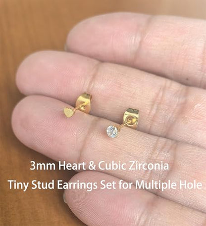 6Pairs 2mm/3mm Surgical Steel Hypoallergenic Piercing Studs, 20G 14K Real Gold Filled Tiny Stud Earrings Set for Multiple Hole Piercing (Cubic Zirconia, Pearl, Ball) - style: T : 3MM, Gold, Heart&CZ, 6 Pairs