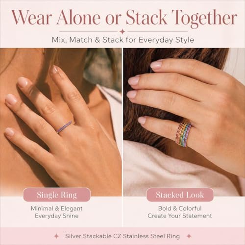 Birthstone Rings For Women, Silver Stackable Cubic Zirconia Stainless Steel Birth Stone Ring To My Daughter/Mom Birthday Unique Gifts Jewelry - color: 08-Silver-August
