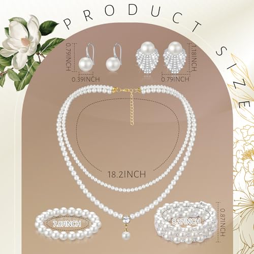 Glenmal Pearl Rhinestone Jewelry Set for Women Pearl Necklace Bracelet Earrings for Wedding Halloween Bridal Shower Tea Party - style: Gorgeous Style