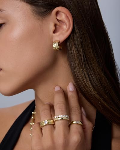 PAVOI Waterproof Hoop Earrings for Women, 14K Gold Plated Chunky Earrings | Statement Huggie Hoops - Stainless Steel Dome, Square, Twisted Earrings Bold Jewelry - color: White Gold