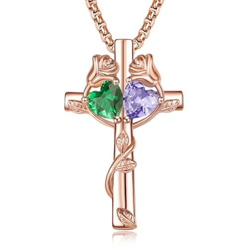 Rose Gold Cross Necklace with 2 Birthstones and Rose | Cross with Birthstone Necklace, Hypoallergenic, Adjustable Rolo Chain, Birthday Gifts, Catholic Christian Religious Jewelry - color: 05-06-May-Jun Birthstone