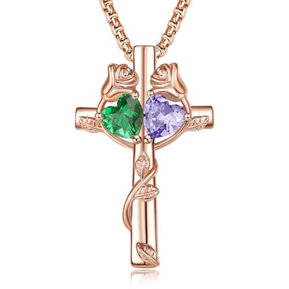 Rose Gold Cross Necklace with 2 Birthstones and Rose | Cross with Birthstone Necklace, Hypoallergenic, Adjustable Rolo Chain, Birthday Gifts, Catholic Christian Religious Jewelry - color: 05-06-May-Jun Birthstone