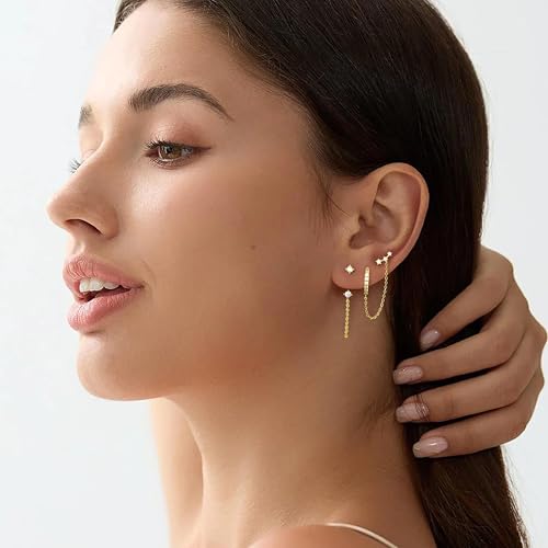 3 Pairs Dainty Small Earrings Set for Women Trendy, Birthstone Stud Huggie Hoop Jacket Stack for Cartilage Helix, Gold Plated Hypoallergenic Cute Women Fashion Accessories Western Jewelry Gifts - color: Gold Plated Chain