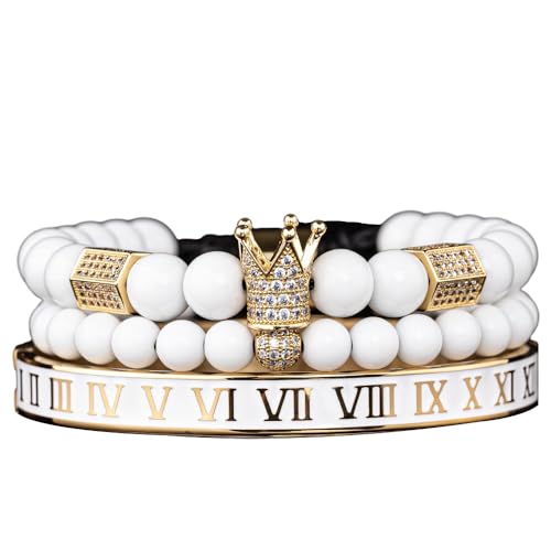 3pcs/set Classical Handmade Braiding Bracelet Hip Hop Men Pave CZ Leopard Head Roman Numeral Bracelet Stainless Steel Jewelry - color: 3pcs D Golden white