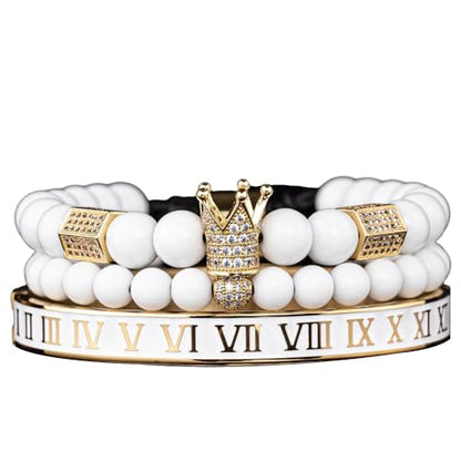 3pcs/set Classical Handmade Braiding Bracelet Hip Hop Men Pave CZ Leopard Head Roman Numeral Bracelet Stainless Steel Jewelry - color: 3pcs D Golden white