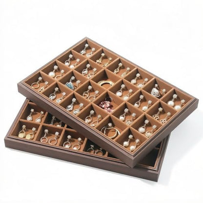 Wood Jewelry Organizer Tray, Earrings Holder (Brown, 2Pc, 24 Grids) | Stackable Earrings Organizer, Earrings Display Tray, 24 Grids Ring Holder, Space-Saving Storage - size: 24Grids+24Grids