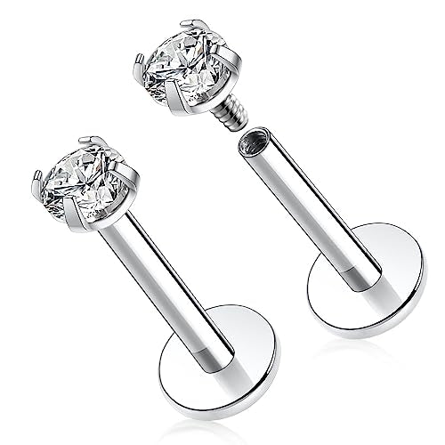 GAGABODY G23 Titanium 16G 6/8/10mm Clear CZ/Opal Internally Threaded Labret Monroe Lip Studs 6mm Helix Cartilage Tragus Earring Piercing - color: 16G-2Pcs - Length:6mm CZ:3mm