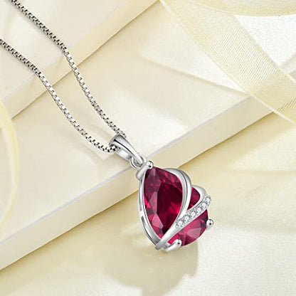 Birthstone Pendant Necklace 925 Sterling Silver Teardrop Jewelry for Women - color: Red