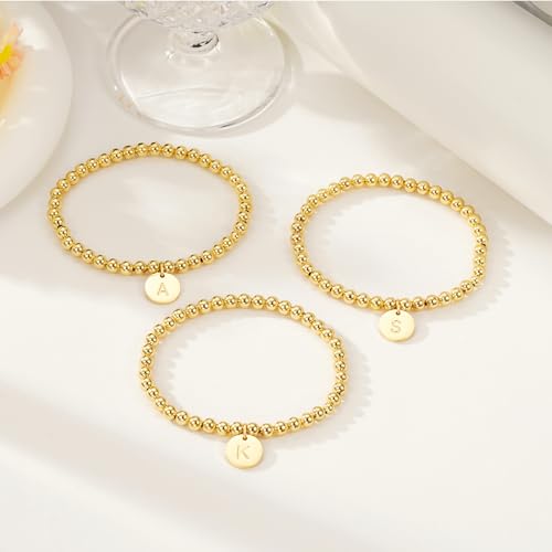 Beaded Bracelets for Women, 18K Gold Plated Initial A-Z Stretch Bead Ball Stackable Bracelet with Letter Jewelry Set Gifts - size: Gold-R