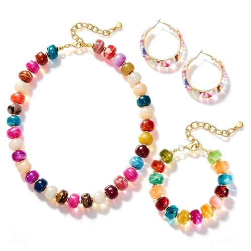 Chunky Beaded Necklaces for Women Statement Colorful Acrylic Resin Beads Necklace Bracelets Boho Trendy Necklace Bracelet Earrings Summer Beaded Jewelry - style: 4C