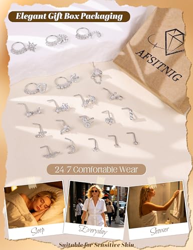 20Pcs 20G Dangle Nose Rings for Women Surgical Steel L Shaped Dangling Nose Studs Dainty Nose Ring Hoop Set CZ Heart Flower Butterfly Moon Nose Piercing Jewelry - color: Silver Clear Nose Rings