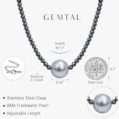 Single Pearl Choker Pendant Necklaces for Women, Natural Gemstone Womens Black Stone Beaded Choker Necklace, Dainty Round Freshwater Pearl Handmade Jewelry Gift Women Birthday Bridesmaids Anniversary 16 18 inch - color: 04-grey, size: 16"